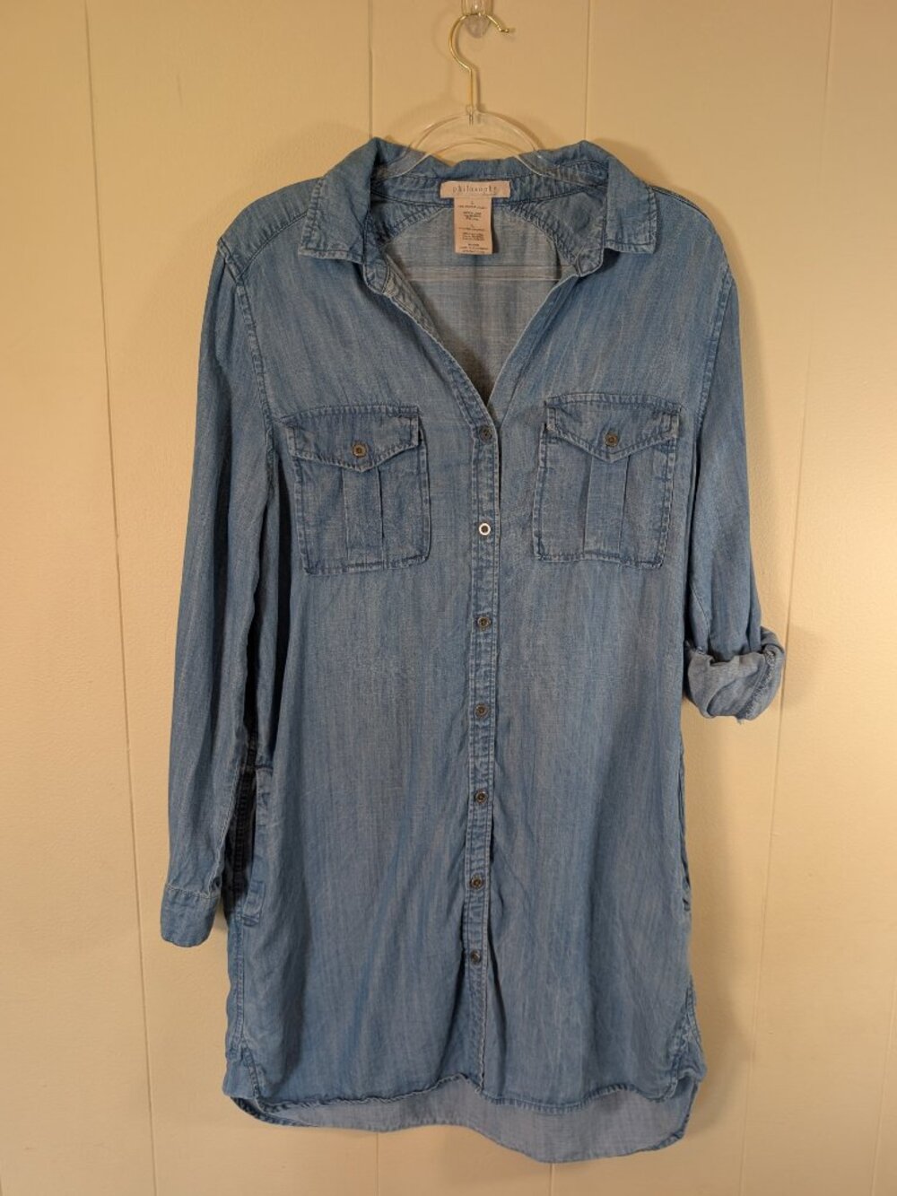 CHAMBRAY Tencel Shirt Dress L Button Front Utility Pockets Coastal Casual